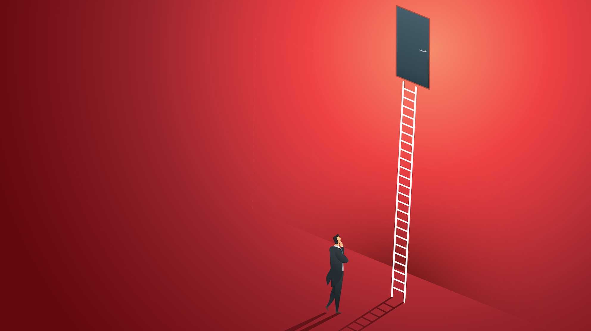 graphic of a red room, with a man at the base of a ladder to a door